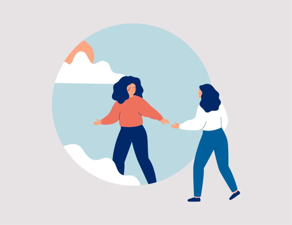 Woman aids person gets rid of depression, anxiety and stress. Friend or caregiver supports female and helps start the new life. Psychological concept of life improvement. Vector illustration