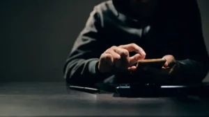 Hacker, thief is using their fingers to press passwords to break into personal data on smartphones. Concept of personal data hacking and financial hacking.