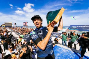 SAQUAREMA, RIO DE JANEIRO, BRAZIL - JULY 1: Yago Dora of Brazil wins the VIVO Rio Pro on July 1, 2023 at Saquarema, Rio De Janeiro, Brazil. (Photo by Thiago Diz/World Surf League)