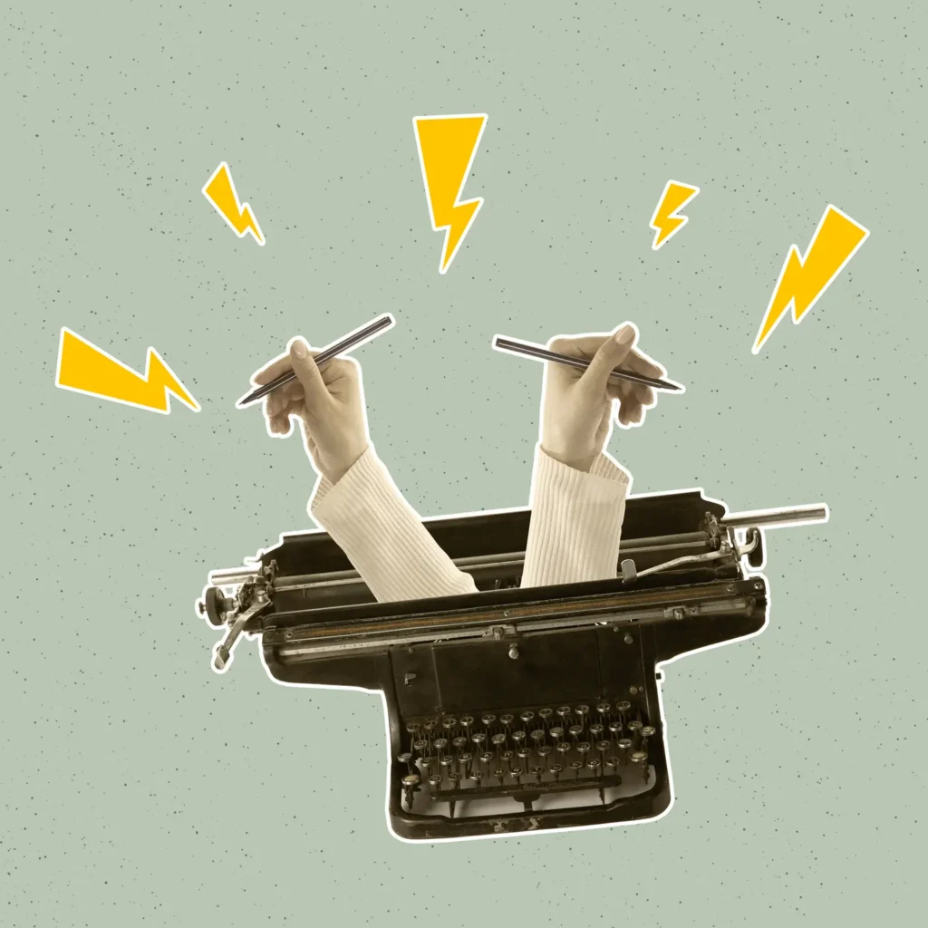 Contemporray art collage. Vintage design style. Two hands sticking out retro typewriter, creating text, story. Copy space for ad, text. Concept of old fashion, history, creativity, inspiration