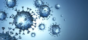 Group of floating coronaviruses with blue background - 3D illustration