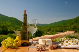 Outdoor picnics in the mountains. A picnic table set with white wine, cheese, fruits, grapes and bread stands in a meadow in green grass. The concept of secluded outdoor recreation