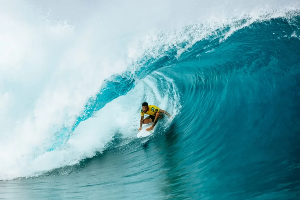 TEAHUPO'O, TAHITI, FRENCH POLYNESIA - AUGUST 18: Filipe Toledo of Brazil surfs in Heat 1 of the Elimination Round at the Outerknown Tahiti Pro on August 18, 2022 at Teahupo'o, Tahiti, French Polynesia. (Photo by Damien Poullenot/World Surf League)