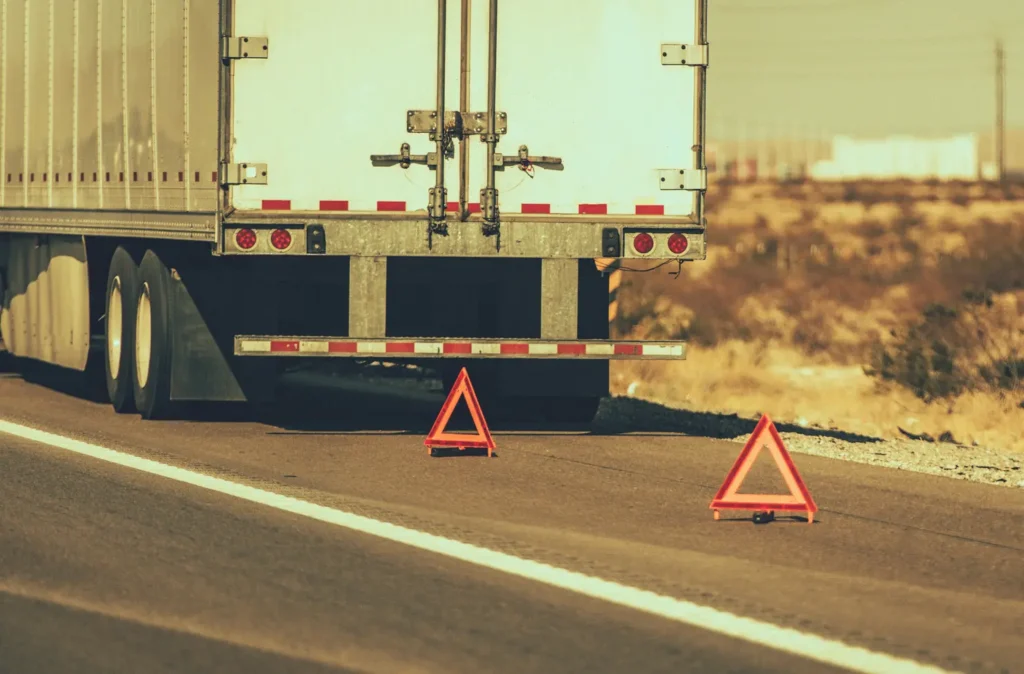 Heavy Transportation Theme. Broken Semi Truck on Side of a Highway Trailer Close Up and Warning Triangles. Roadside Asssitance.