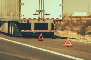 Heavy Transportation Theme. Broken Semi Truck on Side of a Highway Trailer Close Up and Warning Triangles. Roadside Asssitance.