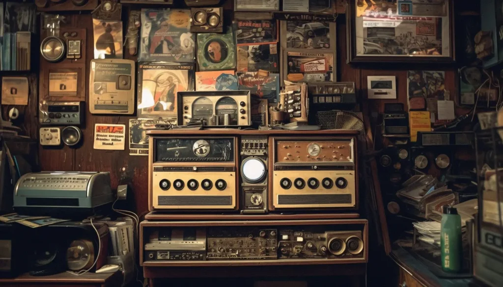 Antique radio on wooden table, modern knob generated by artificial intelligence