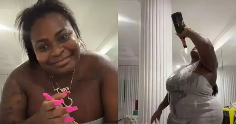 A ex-campeã Jojo Todynho, rival de Cariúcha, comemorou a saída da peoa com um banho de champanhe durante uma live no Instagram | Fotos: Reprodução/Instagram
