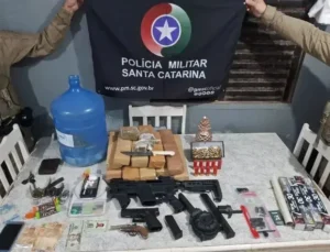 Entre os itens apreendidos estão uma variedade de armas, como a pistola Glock G25, e uma fauna exótica que inclui tubarão-martelo, raias e até mesmo um tatu. | Foto: Polícia Militar
