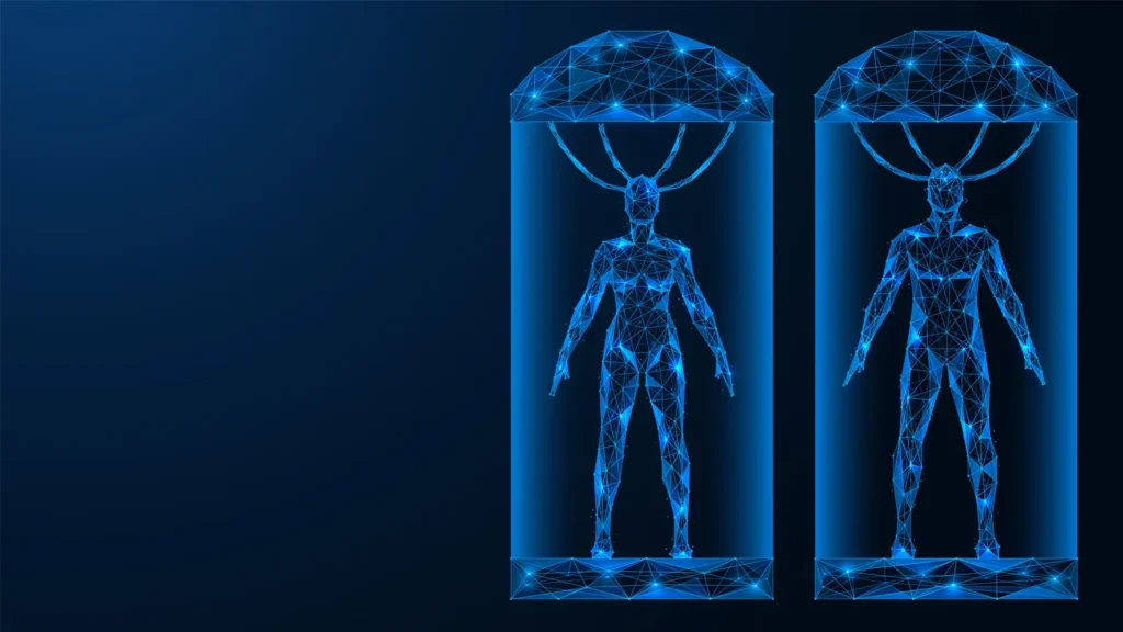 A man and a woman in cryogenic capsules. Hibernation chambers for sleeping. Futuristic polygonal design of interconnected lines and dots. Blue background.