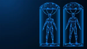 A man and a woman in cryogenic capsules. Hibernation chambers for sleeping. Futuristic polygonal design of interconnected lines and dots. Blue background.