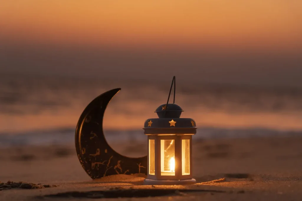 Lantern lamp with beach sunset view