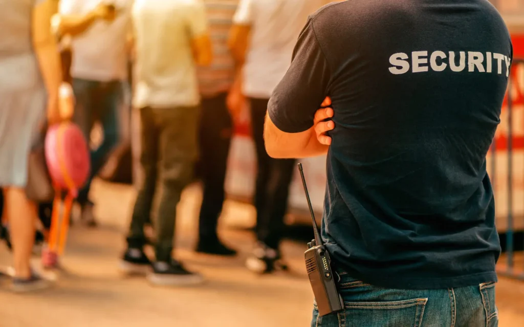 Security guard at live festivale event standing in front of the crowd