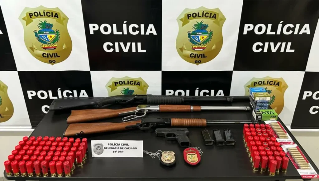 Após cumprir mandado de busca e apreensão contra o suspeito, a Polícia apreendeu quatro armas de fogo I Foto. Divulgação/PCGO