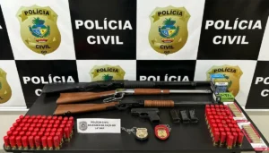 Após cumprir mandado de busca e apreensão contra o suspeito, a Polícia apreendeu quatro armas de fogo I Foto. Divulgação/PCGO