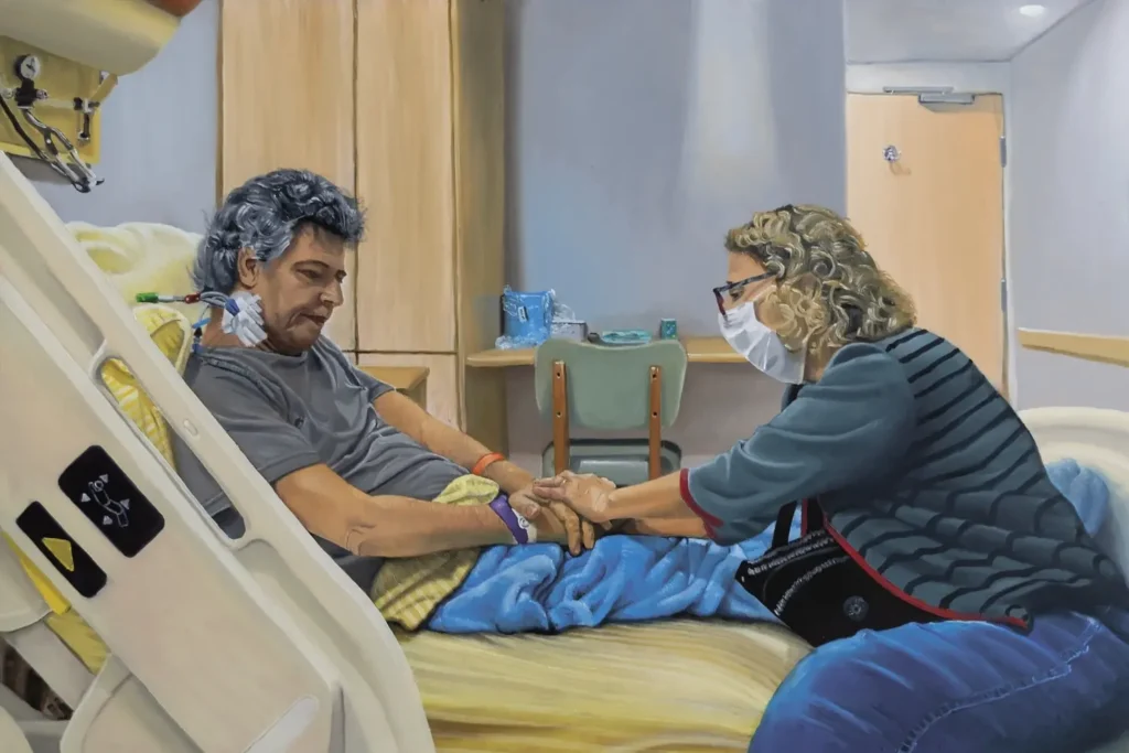 As pinturas criadas por Coelho buscam registrar visualmente as lembranças de sua internação, incluindo os delírios durante a intubação e as cenas do ambiente hospitalar | Foto: Divulgação