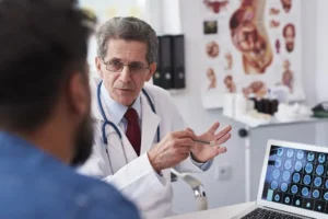 Senior doctor talking with his patient