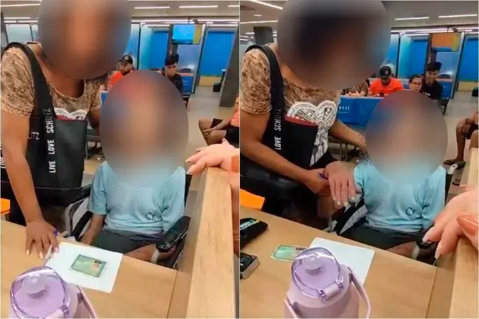 O vídeo do idoso na cadeira de rodas sem vida viralizou nas redes sociais e na gravação é possível ver que os funcionários do banco começaram a desconfiar que o idoso estivesse morto| Foto: Reprodução