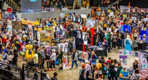 Sheffield, United Kingdom - June 11, 2016: Crowds enjoying the stalls selling character goods and costumes  at the Yorkshire Cosplay Convention at Sheffield Arena