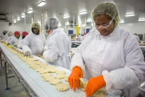 Trabalhadores em ação na linha de produção de uma fábrica de alimentos | Foto: Reprodução