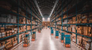 modern warehouse with automated goods movement system. 3d render.