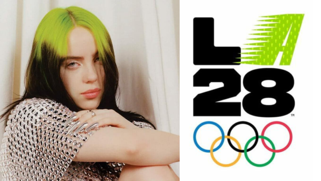 Billie Eilish à esquerda e logo das Olimpíadas 2028, a direita.