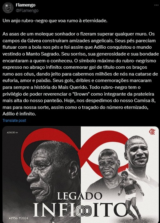 Flamengo publica homenagem à Adílio