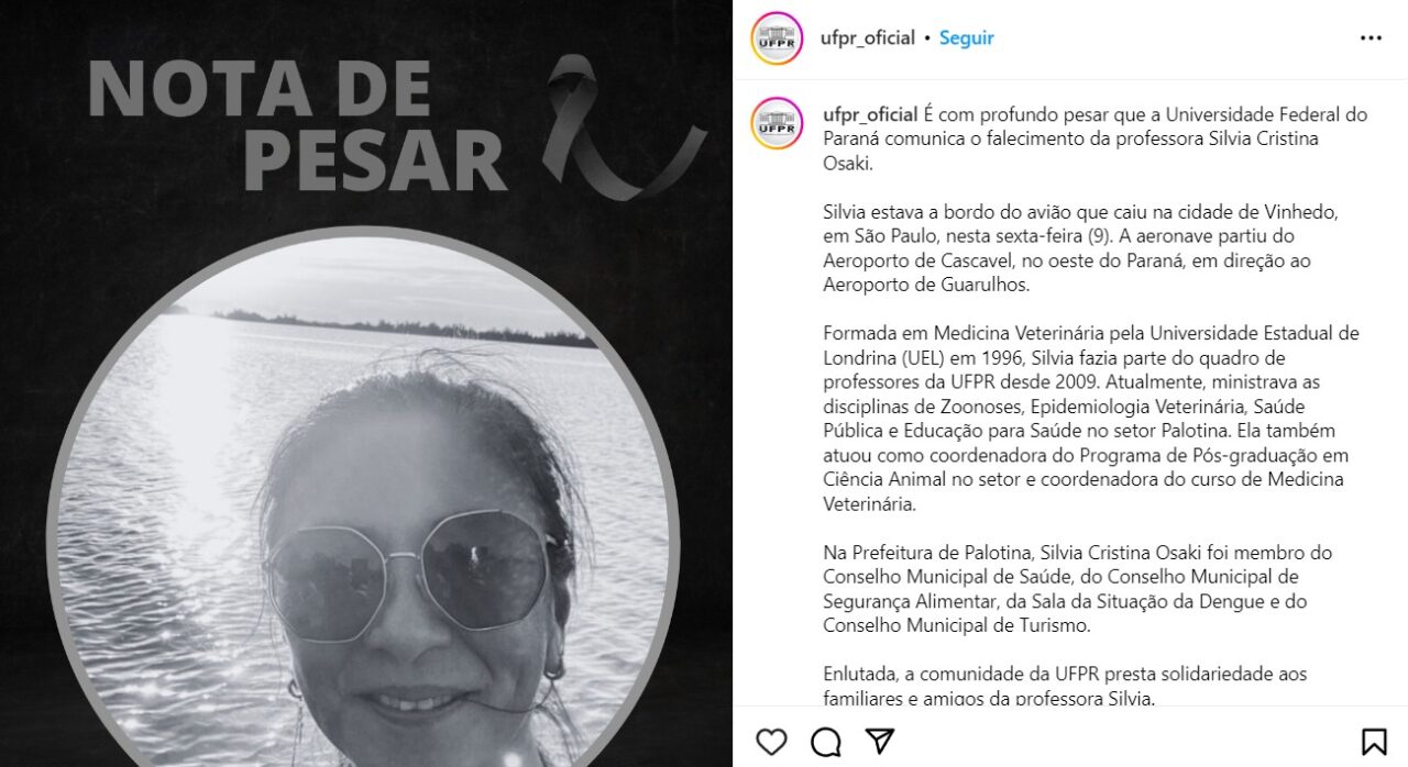 UFPR lamenta morte de professora em queda de avião em Vinhedo