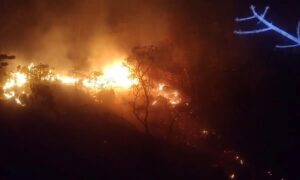 Bombeiros trabalham no combate aos focos de incêndio na Chapada dos Veadeiros