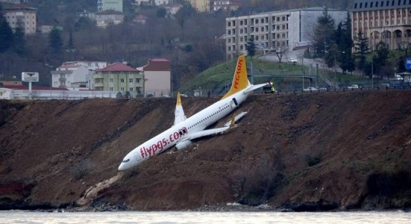 Avião derrapa durante pouso e quase cai no mar na Turquia