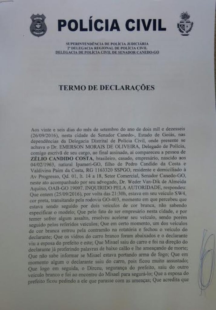 Misael ameaça candidato a prefeitura de Senador Canedo