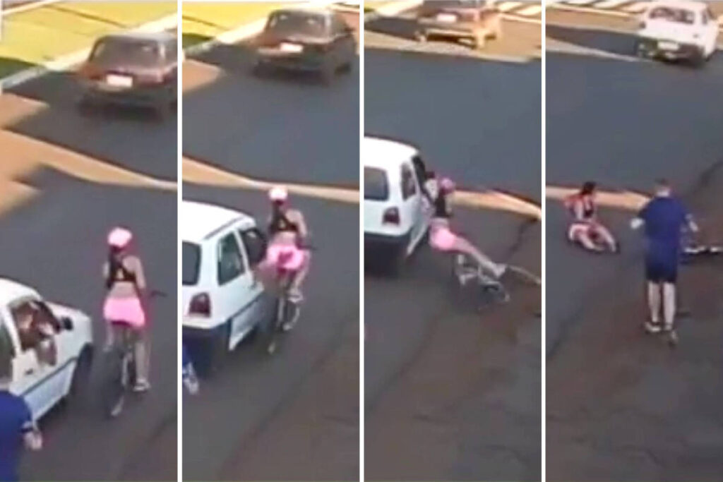 Mulher cai de bicicleta após homem dentro de carro passar a mão nela; veja vídeo