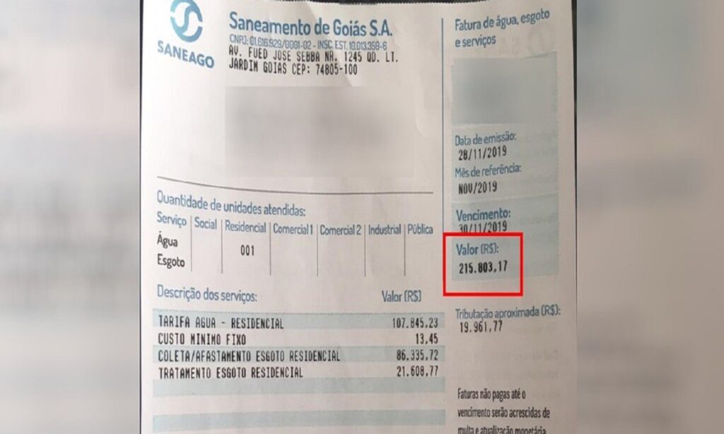 Casal recebe conta de água de R$ 215 mil