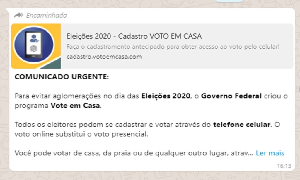 “Vote em casa” é fake news e link tem origem duvidosa