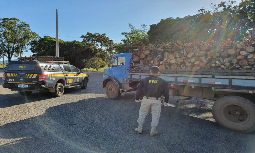 PRF apreende 2 caminhões carregados com madeira nativa do cerrado sem licença