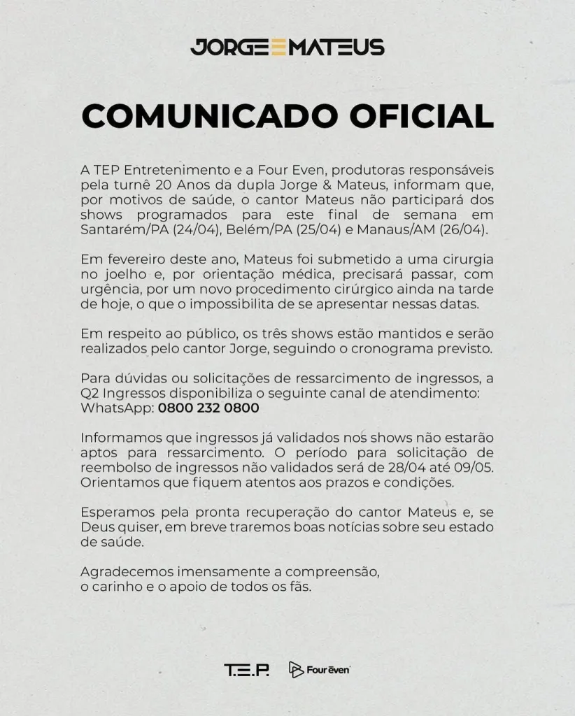 Mateus, da dupla sertaneja com Jorge, é submetido à cirurgia de emergência 2 Mateus