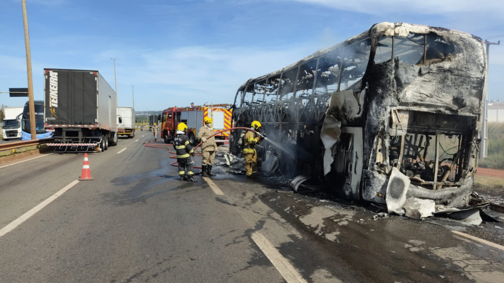 Ônibus pega fogo na BR-153 em Goiânia Foto: Divulgação/CBMGO