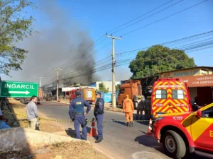 Bombeiros e funcionários atuam juntos para conter incêndio em loja de pneus em Goiânia