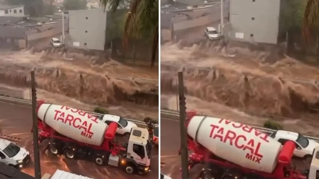 A força da água também derrubou um muro localizado às margens da marginal| Foto: redes sociais