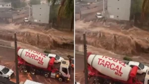 A força da água também derrubou um muro localizado às margens da marginal| Foto: redes sociais