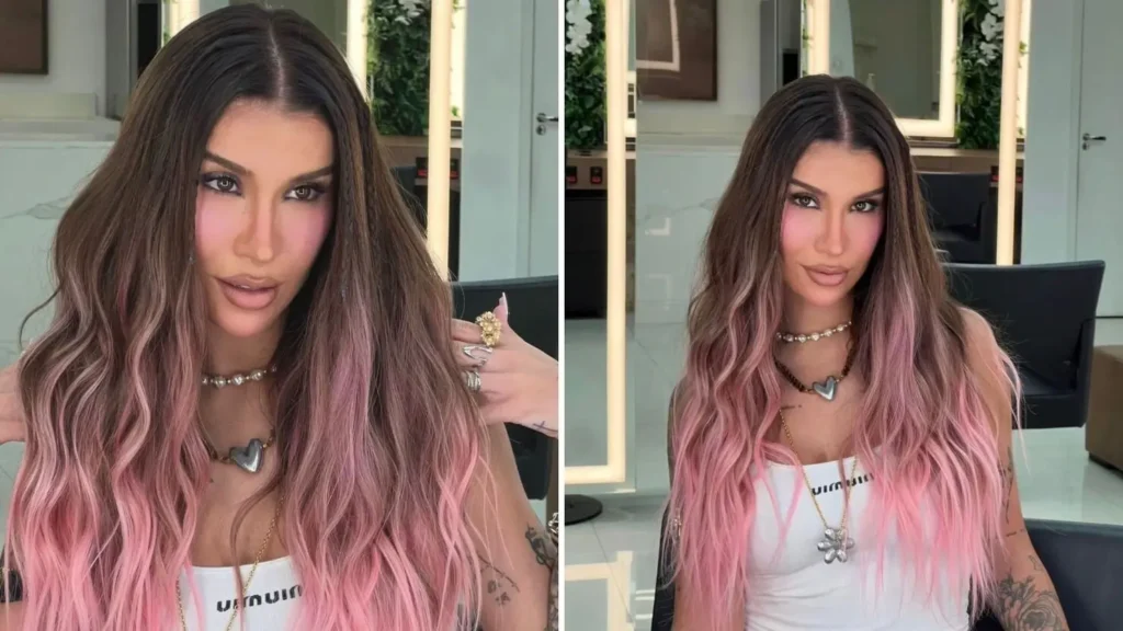Resultado do cabelo rosa bebê de Bianca Andrade, destacando o degradê sutil. | Foto: Reprodução/Redes sociais