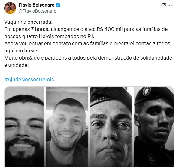Flávio Bolsonaro lança "vaquinha" para ajudar famílias de policiais mortos na Operação Contenção 2 Flávio Bolsonaro