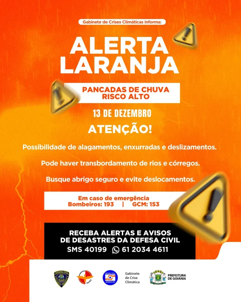 Goiânia entra em alerta laranja neste sábado (13) com risco de alagamentos 2 alerta laranja