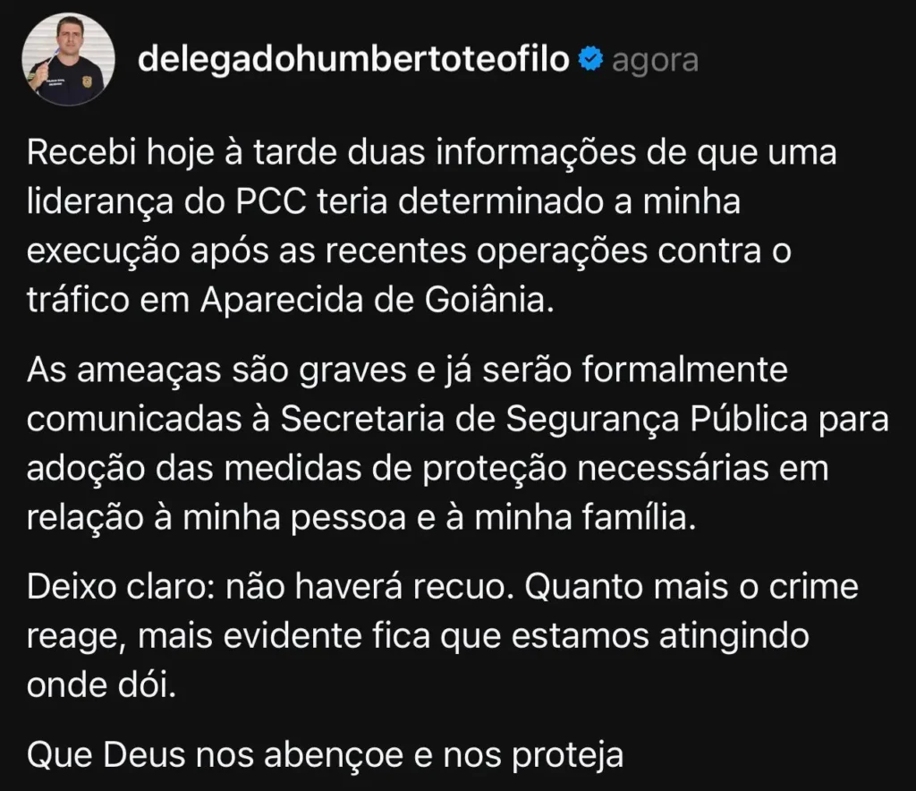 Delegado de Aparecida de Goiânia denuncia ameaça atribuída ao PCC após ofensiva contra o tráfico 2 WhatsApp Image 2026 02 18 at 08.49.25
