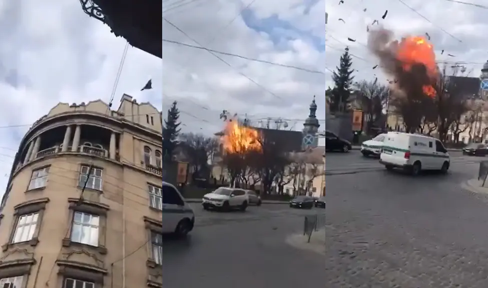 Momento em que ataque russo atinge a igreja de Santo André 