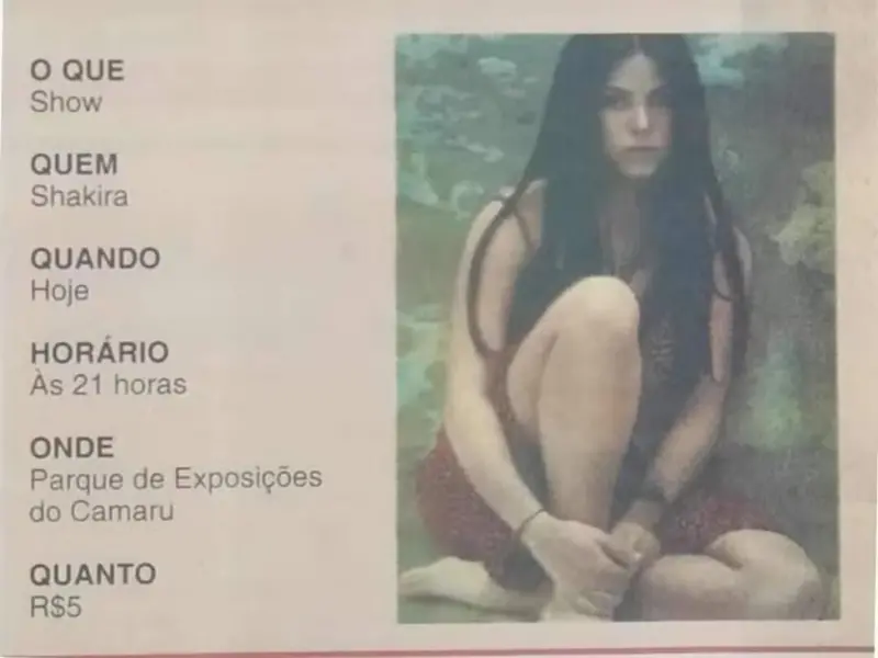 Anúncio de show de Shakira em Uberlândia por R$ 5 em 1997