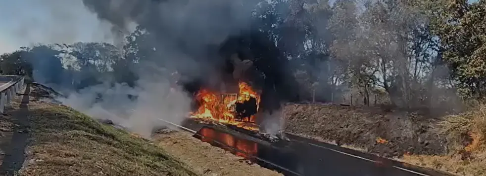Caminhão com produtos químicos pega fogo na BR-153, em Professor Jamil