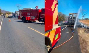 Fogo atinge carreta carregada com algodão e mobiliza bombeiros por seis horas na BR-020, em Formosa