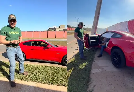 Vídeo: Mustang recém-comprado fica destruído após colisão com poste em Goiânia