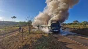 Incêndio destrói ônibus na BR-364, no interior de Goiás