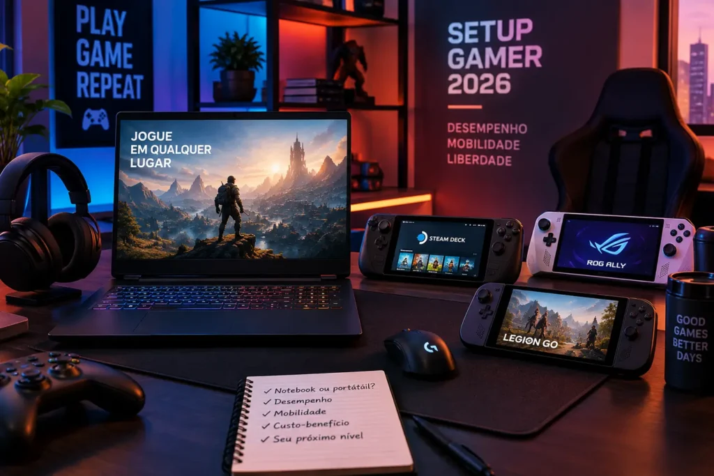 Guia completo de setup gamer 2026 com notebook e portáteis